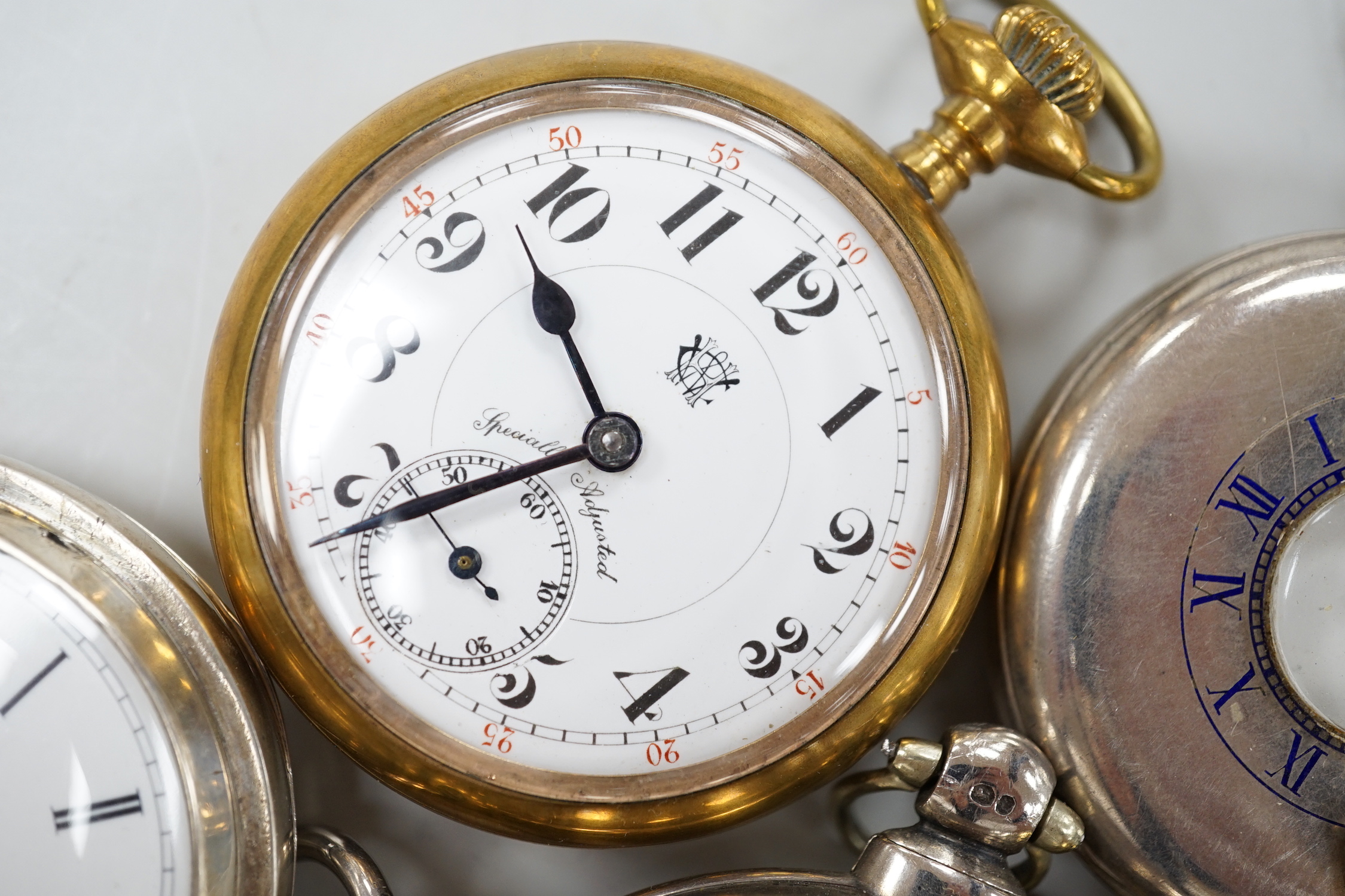 Eleven assorted silver or base metal pocket watches including Cymrex, Sun-Dial with decorated case and silver half hunter.